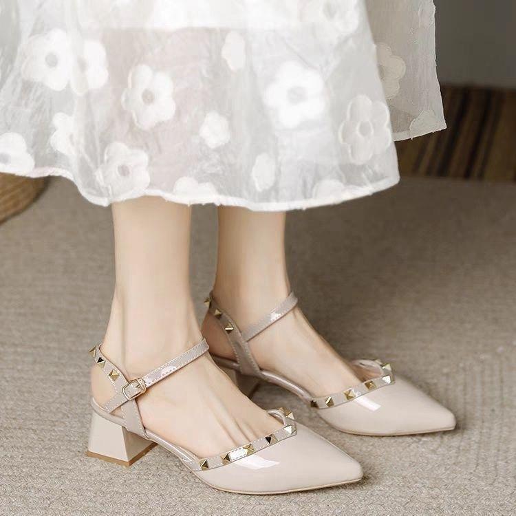 Coarse heel French rivet sandals comfortable non-slip sandals 2025 summer and autumn new versatile pointed heightening cool slippers