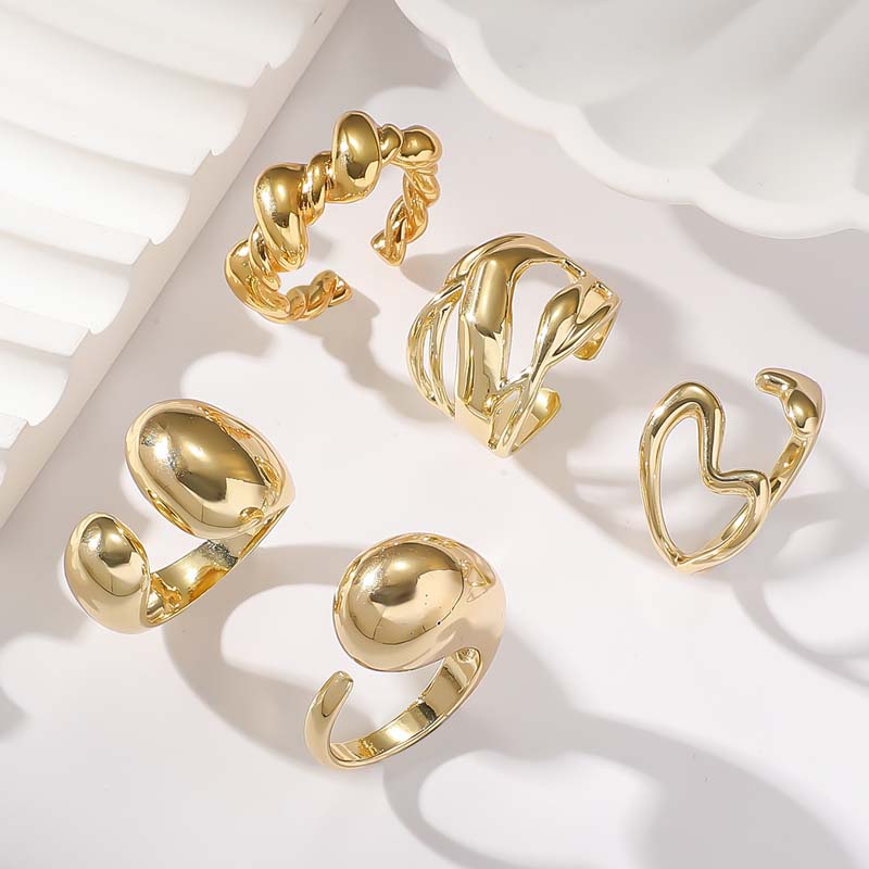 5Pcs/Set Gold Color Geometric Hollow Open Rings for Women Exaggerated Metal Smooth Irregular Adjustable Rings Jewelry Set 2026
