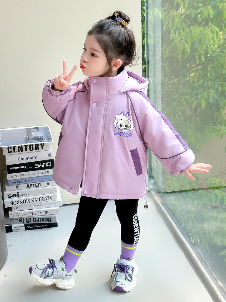 Girls' Fleece-Lined Windproof Jacket Set with Bag for Toddlers/Little Kids, Thick Autumn/Winter Coat with Cotton Lining