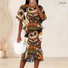 Women Plus Size Round Neck Batwing Sleeve Ruffle Hem Top Fishtail Skirt Halloween Printed Two Piece Set