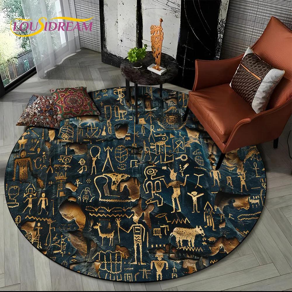 2025 New Ancient Egypt Hieroglyphic Mythology Wall Painting Glyph Round Carpet Rug for Bedroom Living Room Sofa,Decor Floor Mat