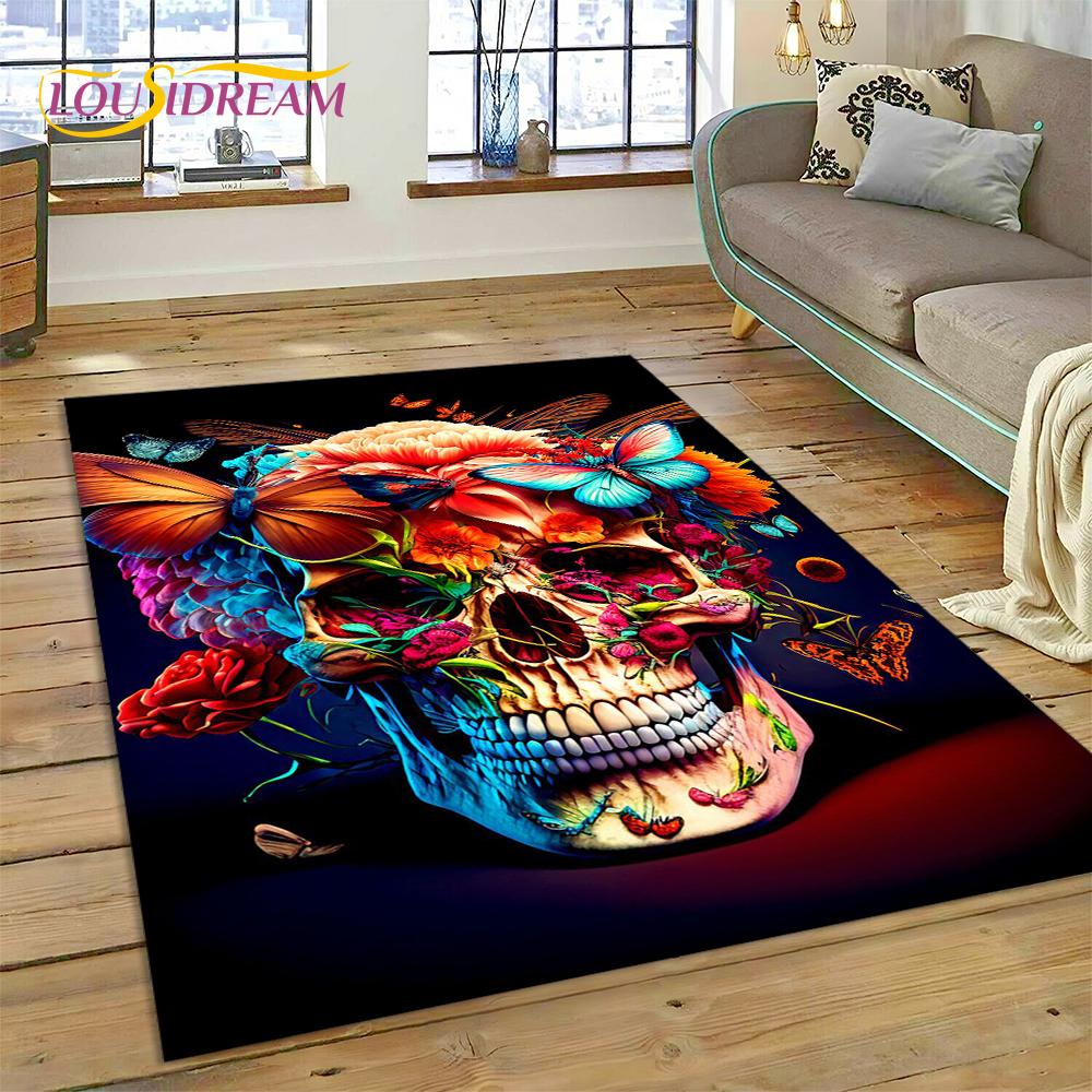 Cartoon Horrible Gothic Skull Flowers Carpet Rug for Home Living Room Bedroom Sofa Doormat Decor,Kid Area Rug Non-slip Floor Mat