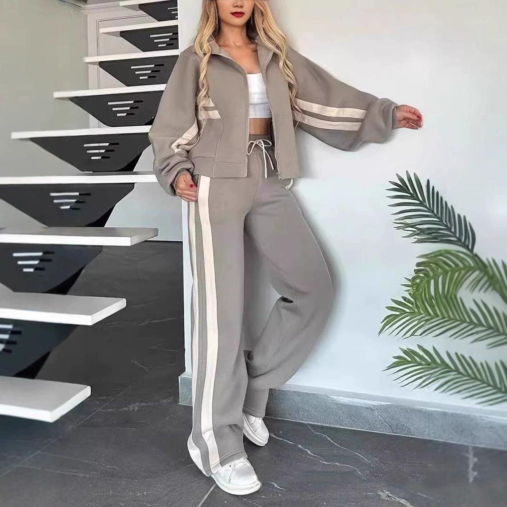 Autumn Winter Two-piece Set Women's Zipper Striped Loose Jacket Outwear and High Waist Side-striped Pants Sports Sets