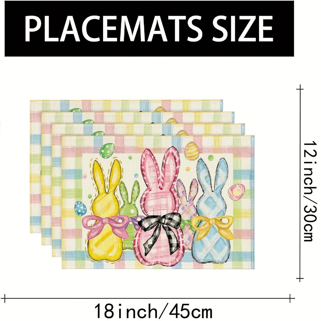 4pcs Buffalo Check Easter Placemats, Featuring Rabbits, Daisies, and Carrots, Perfect for Party, Kitchen, and Dining Room Decor