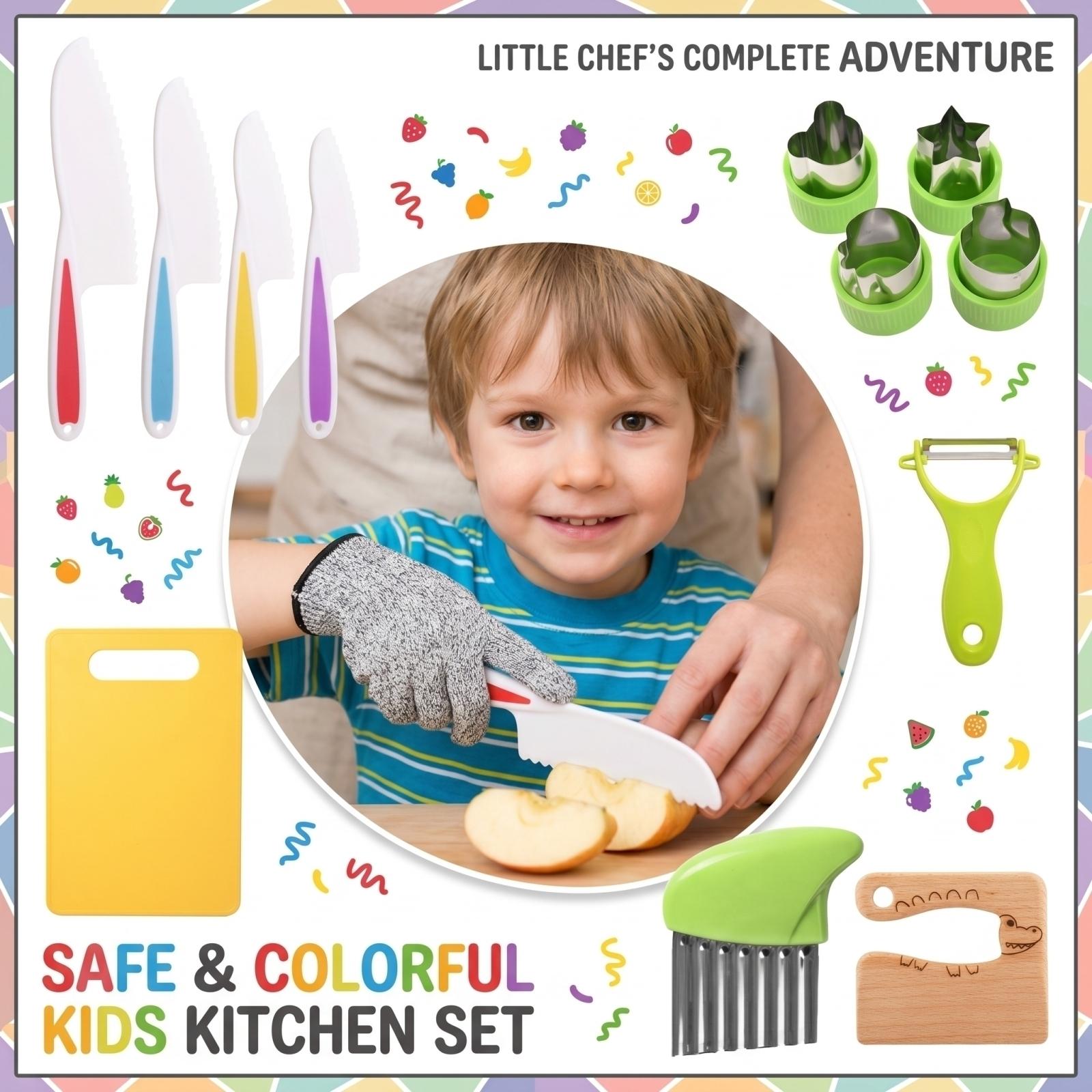 

Children Kitchen Knife Set with Cutting Board Safety Glove Vegetable Peeler Crinkle Cutter and Fruit Shape Cutters for Kids Cooking Play Pretend One Size