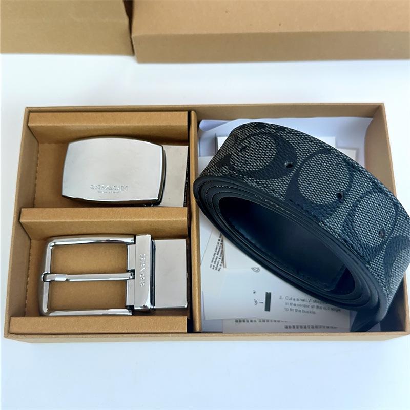 Men's Classic Double Buckle Leather Belt with C Buckle and Fabric Texture - Business Casual Trousers Accessory