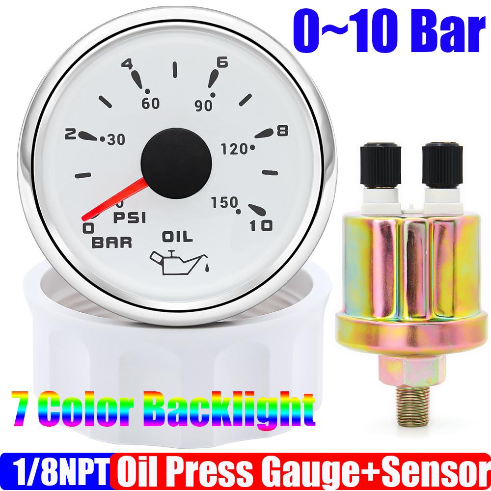 Auto Car 52mm Oil Pressure Gauge+Sensor 7 Color Backlight 0~5Bar 0-10Bar Oil Press Meter with Sensor Marine Boat 12V24V