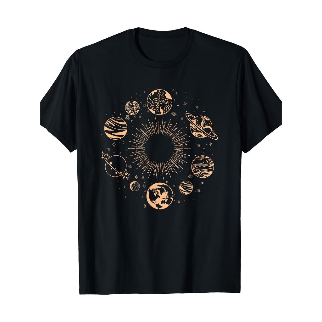 Solar System Planets Graphic Tee Men Geometric Astrology Universe Print Loose Cotton Crew Neck T-Shirt