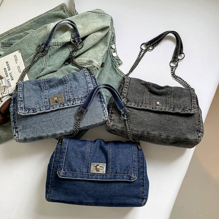 Vintage Washed Denim Chain Underarm Bag Tote Bag