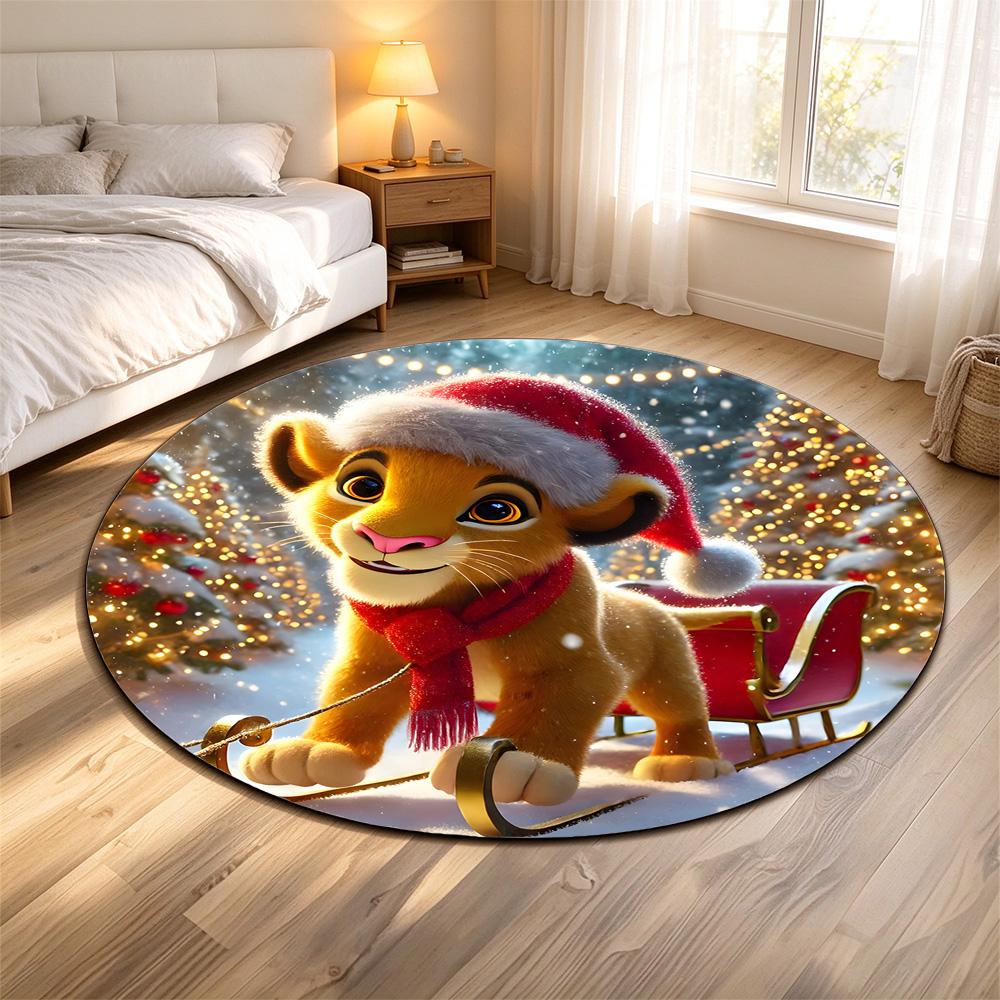 Round Rug Lion Cub Santa Hat Red Scarf Sleigh Snowy Christmas Forest Lights Winter Holiday Decor