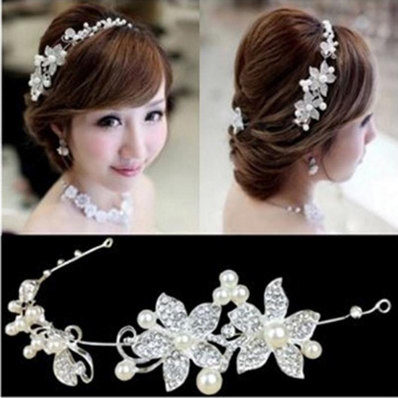 Fashion Delicate Women's Wedding Bridal Crystal Rhinestones Flower & Faux Pearls Decor Hair Band Headband Tiara Headdress