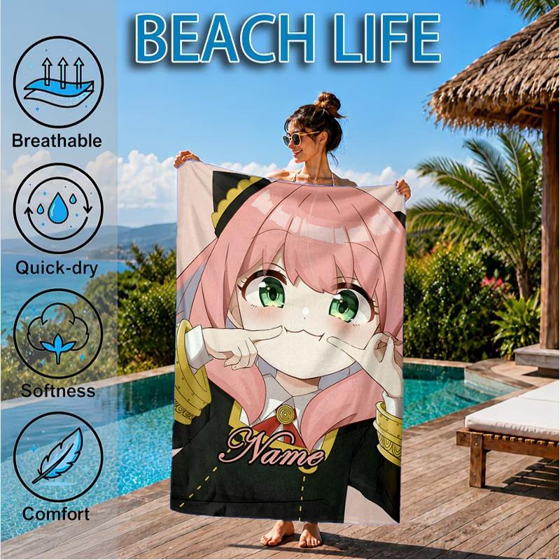 Custom Name Pink Hair Anya Beach Towel Microfiber Beach Towel, Lightweight and Quick-Dry, for Summer Travel, Swimming Pool Gift