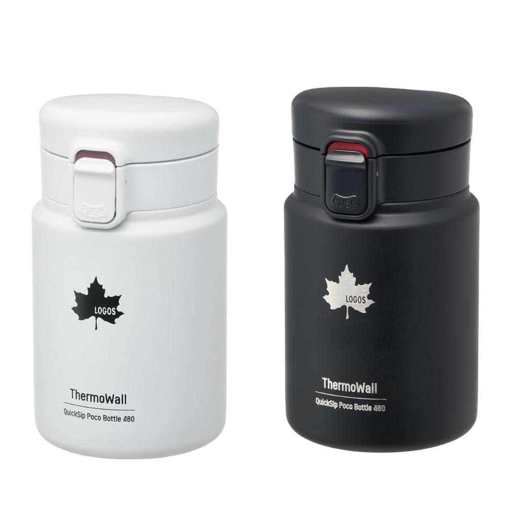 LOGOS ThermoWall Vacuum Insulated Bottle Black 81286171 Camping Mug Bottle Slim Design Lightweight Keeps Drinks Cold and Hot Direct Drinking One-Touch
