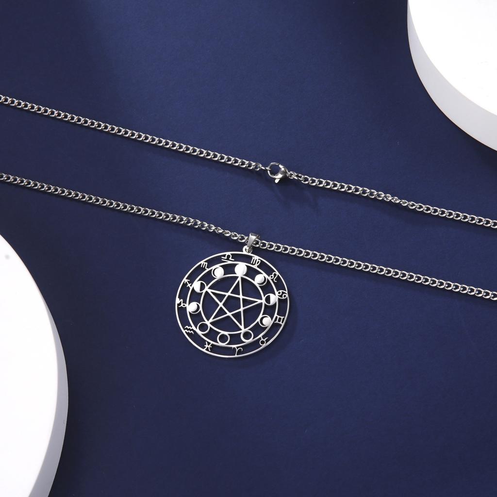 Minimalist Hollow-Out Round Zodiac Pendant Necklace with Star and Moon Design