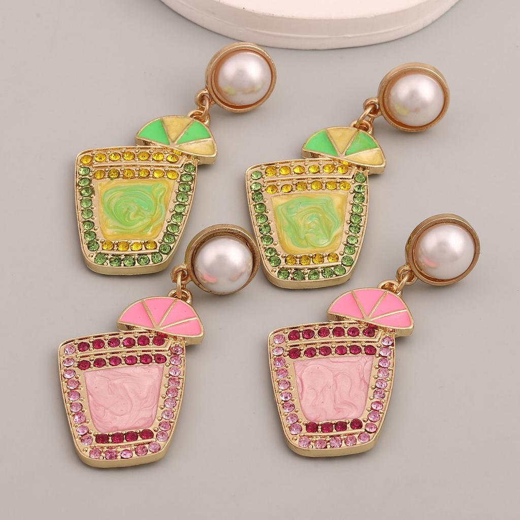 European and American New Holiday Style Fashion Creative Diamond Wine Glass Lemon Alloy Earrings Dripping Oil Personality Versatile Woman