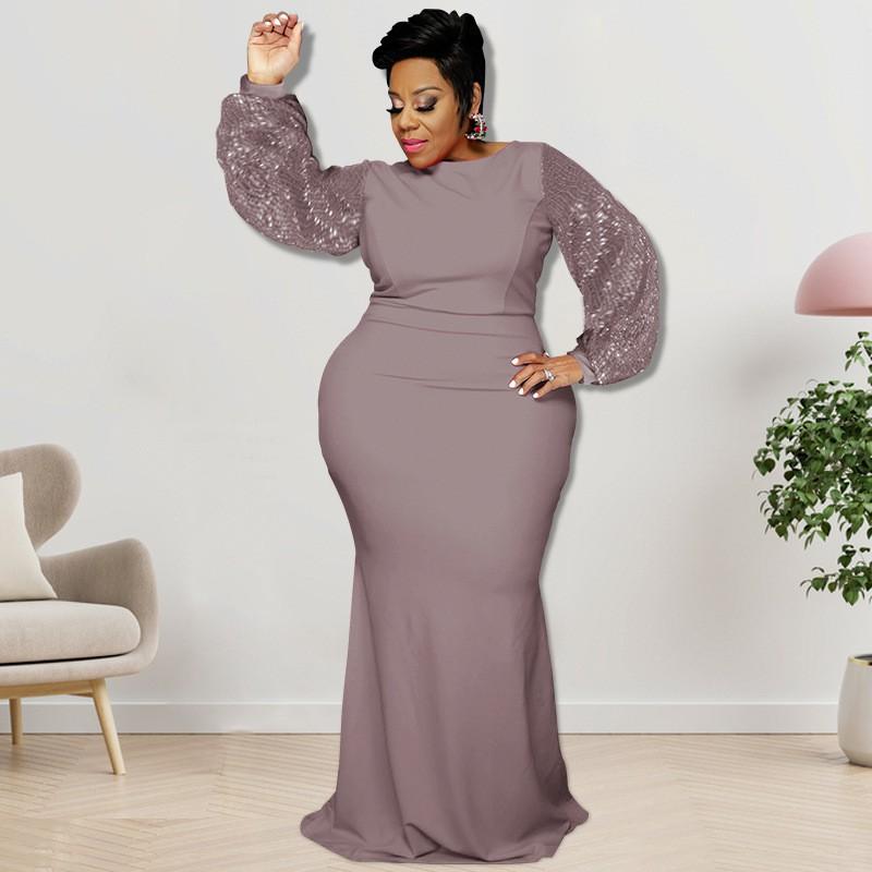 Plus Size Women Long Sleeve Sequin Midi Dress Elegant Office Wear Gray Blue Burgundy Orange XL 2XL 3XL 4XL 5XL Collection