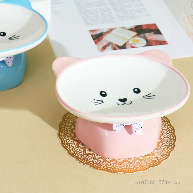 Cartoon Cute Ceramic Dog Cat Food Bowl, High Foot, Overturn Proof, Large Caliber, Neck Protection, Creative Pet Bowl, 1Pc