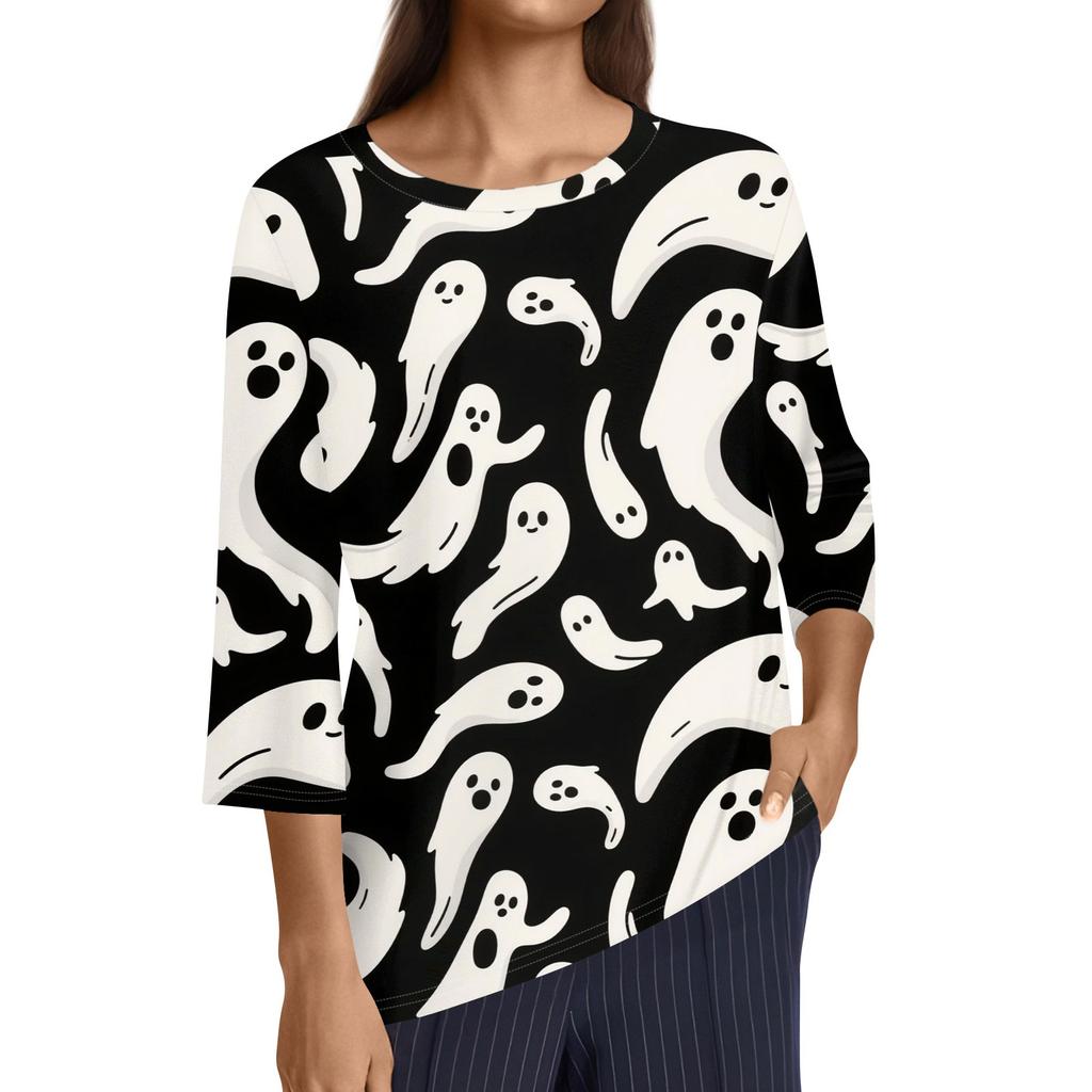 Women's Fashion Casual Three-quarter Sleeve Halloween Printed Round Neck Top