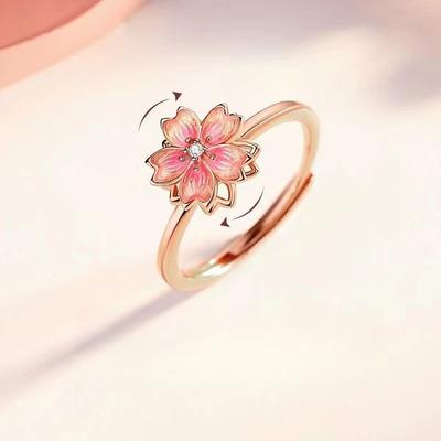 Turn Peach Blossom Ring Female Niche Design High-end Sense New Chinese Style Sansheng III Rotating Ring To Send Girlfriend Jewelry