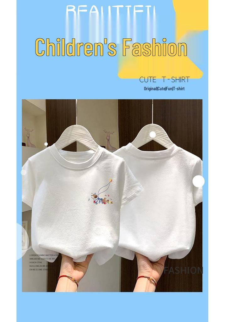 Girls' Summer Loose-Fit White Cotton Half-Sleeve T-Shirt