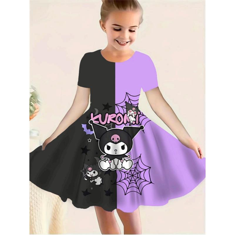 Girl's 3D Cat Print Maxi Dress, Elegant Round Neck + Loose Fit, Ideal for Daily Picnics, Sweet Picnic Outfit