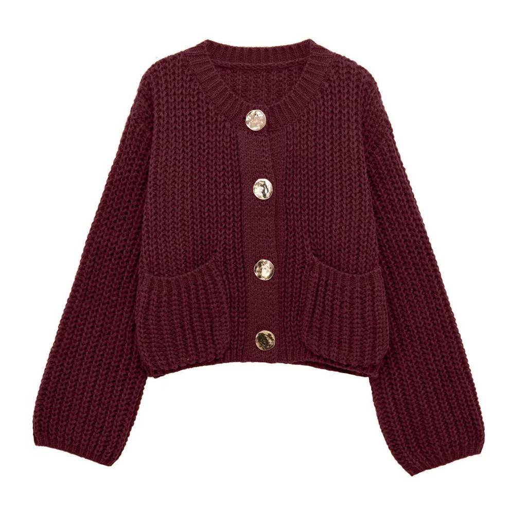 European Casual Women's Solid Color Round Neck Cardigan Sweater - Loose Knit Long Sleeve Top