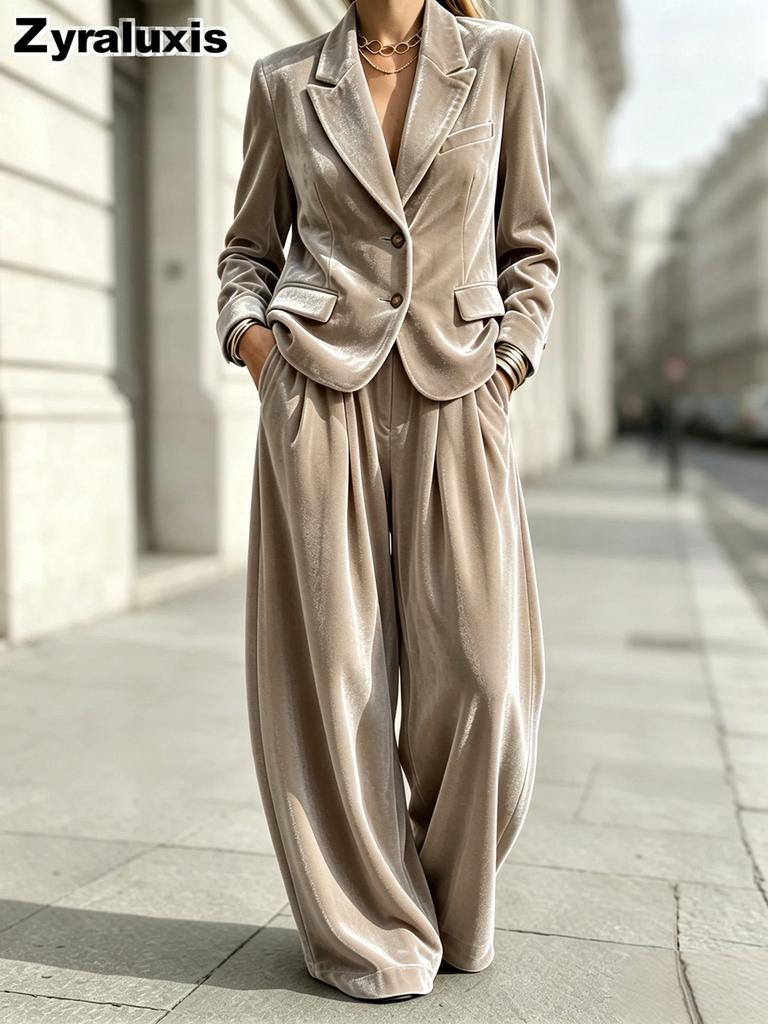 Ensemble Deux Pièces Velours pour Femme avec Pantalon Large et Blazer Boutonné pour Soirée Formelle