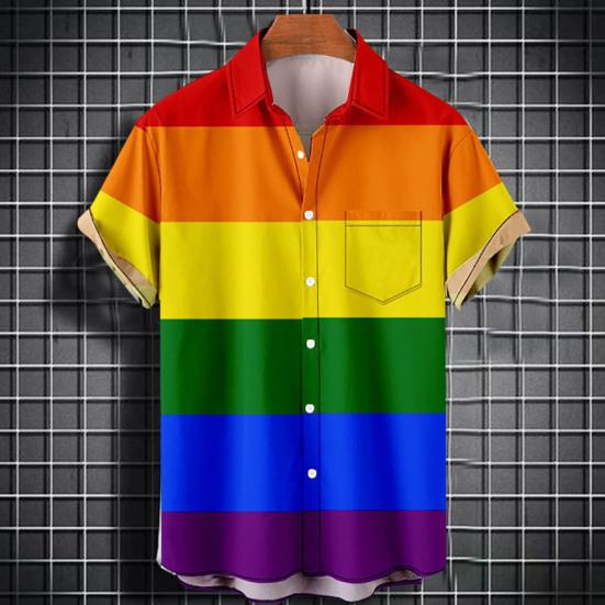 Men Summer Shirt Color Matching Bright Colors Turn-down Collar Single-breasted Short Sleeves Cooling Buttons Rainbow Color Plus Size Beach