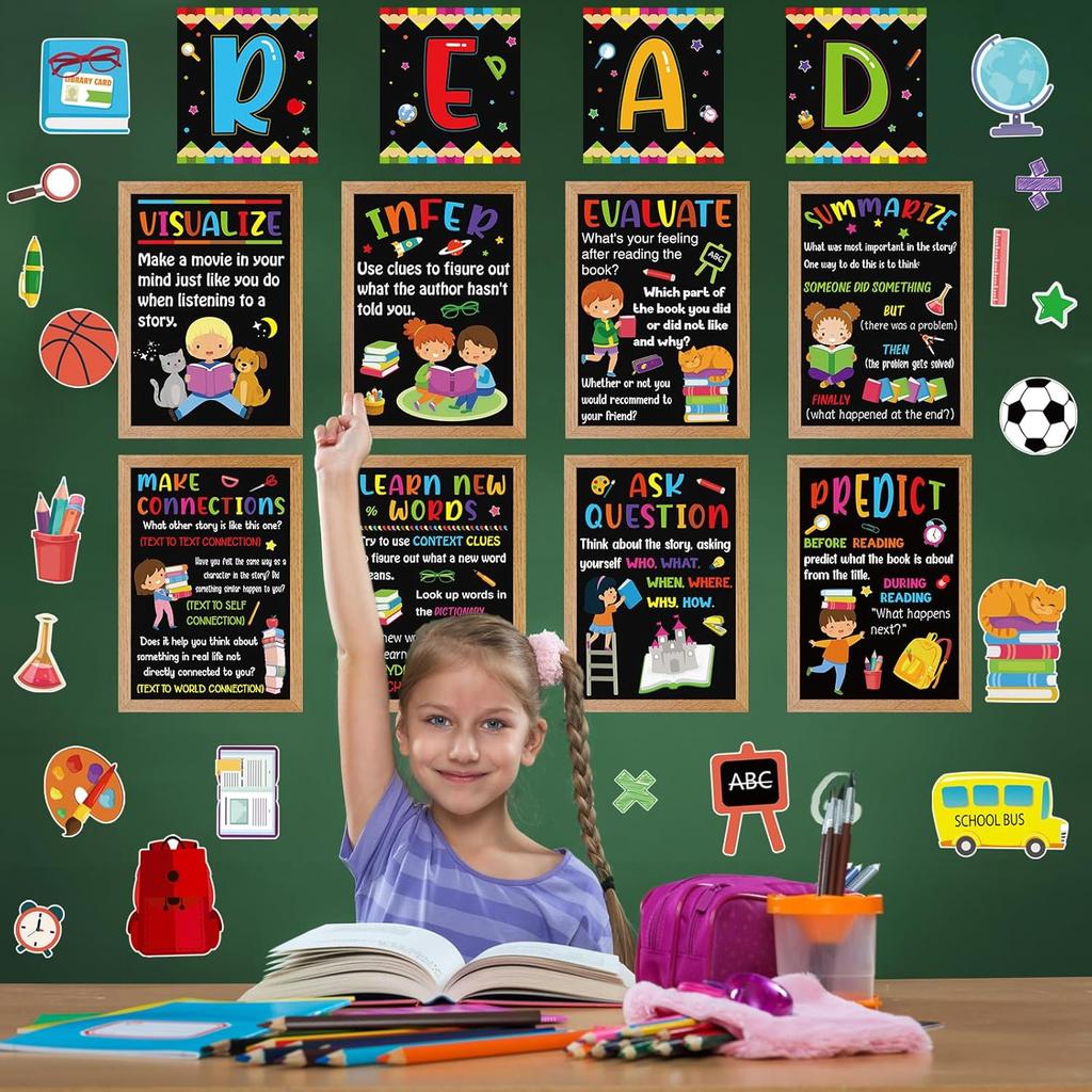 BelleAngle 36pcs Reading Strategy Posters Classroom Decorations Educational Reading Bulletin Board Set for Kindergarten PreSchool Daycare Library