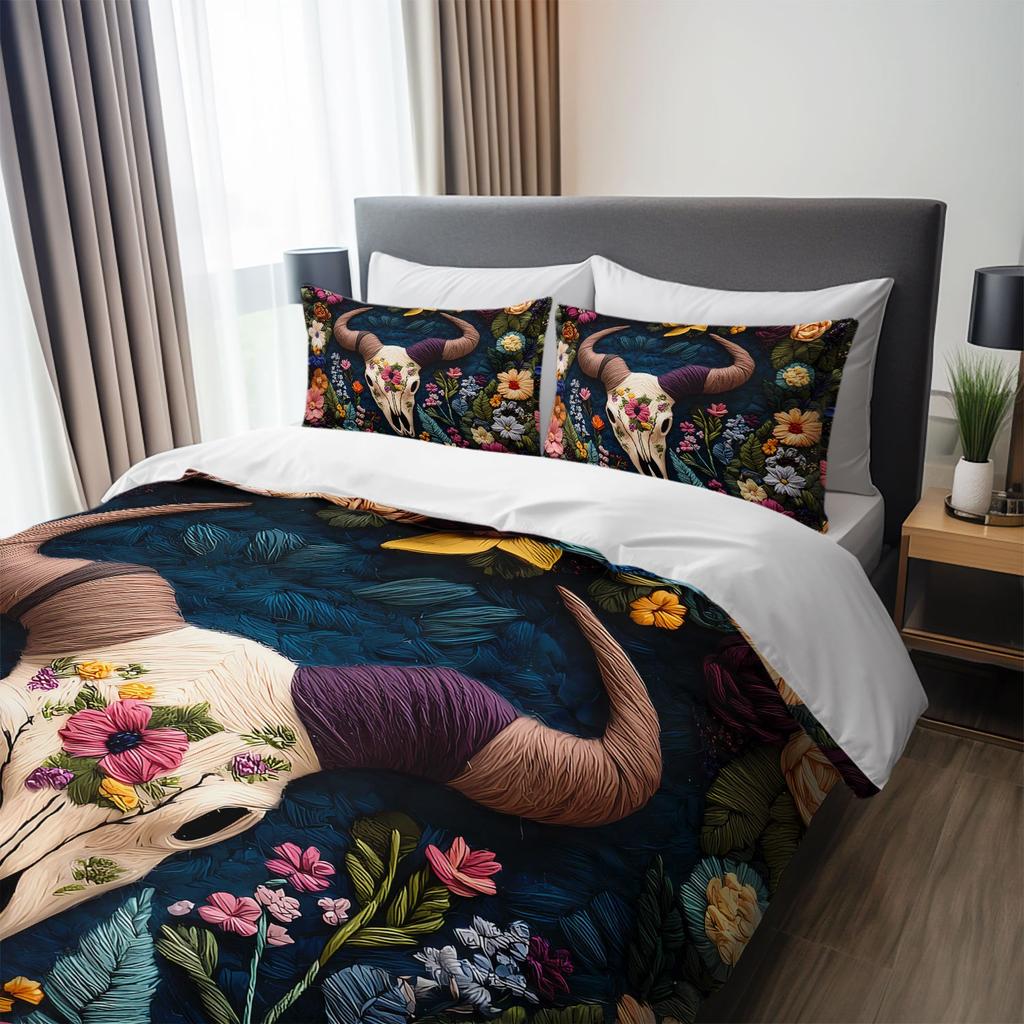 3Pcs Bohemian Floral Cow Skull Bedding Duvet Cover Set Floral Cow Skull Bedding Quilt Set Bohemian Themed Bed Quilt Set Printed