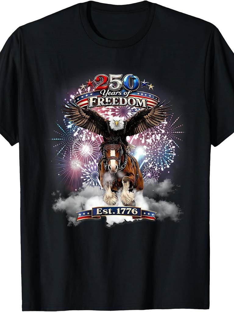 25 Years of Freedom Patriotic Eagle Horse 25Th T-Shirt Retro Casual Short-Sleeve T-Shirt with Round Neck And Printed Pattern Suitable for Daily Commut