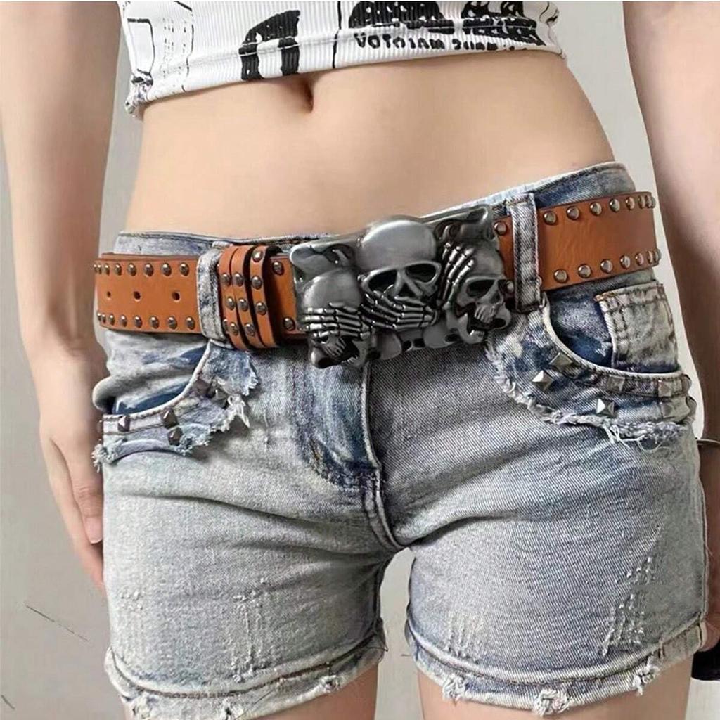 Women Punk Goth Rivet Black Jeans Unisex Men Belt Paw Skull Buckle Waistband