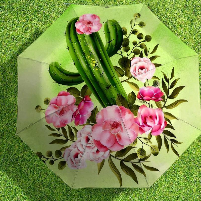 1pc Cactus Flowers Automatic Folding Umbrella, Heavy Duty 8 Rib Iron Frame,  Suitable for Travel, Daily Use, Birthday, Decor Gift M0104049