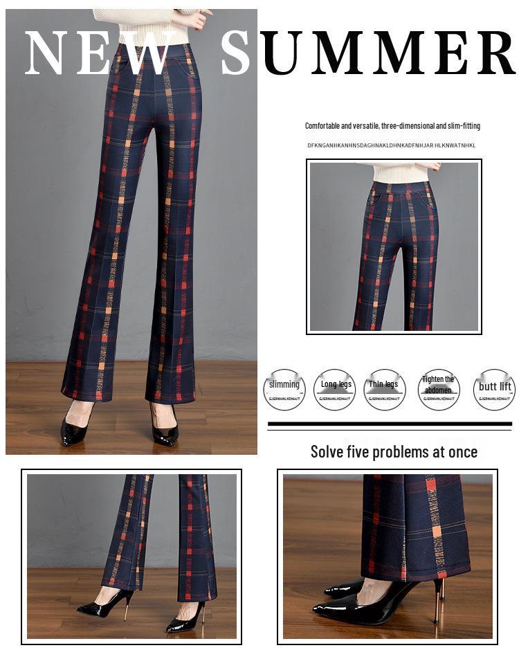 2024 Slimming Plaid Micro-Flare Pants: Thick, Fashionable, Elastic, Versatile Women's Long Pants for Autumn and Winter.