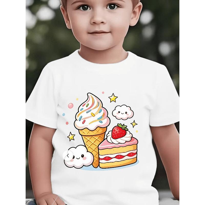 Boys Crew Neck Short Sleeve T-Shirt with Cartoon Ice Cream, Cake and Cloud Print 110 белый