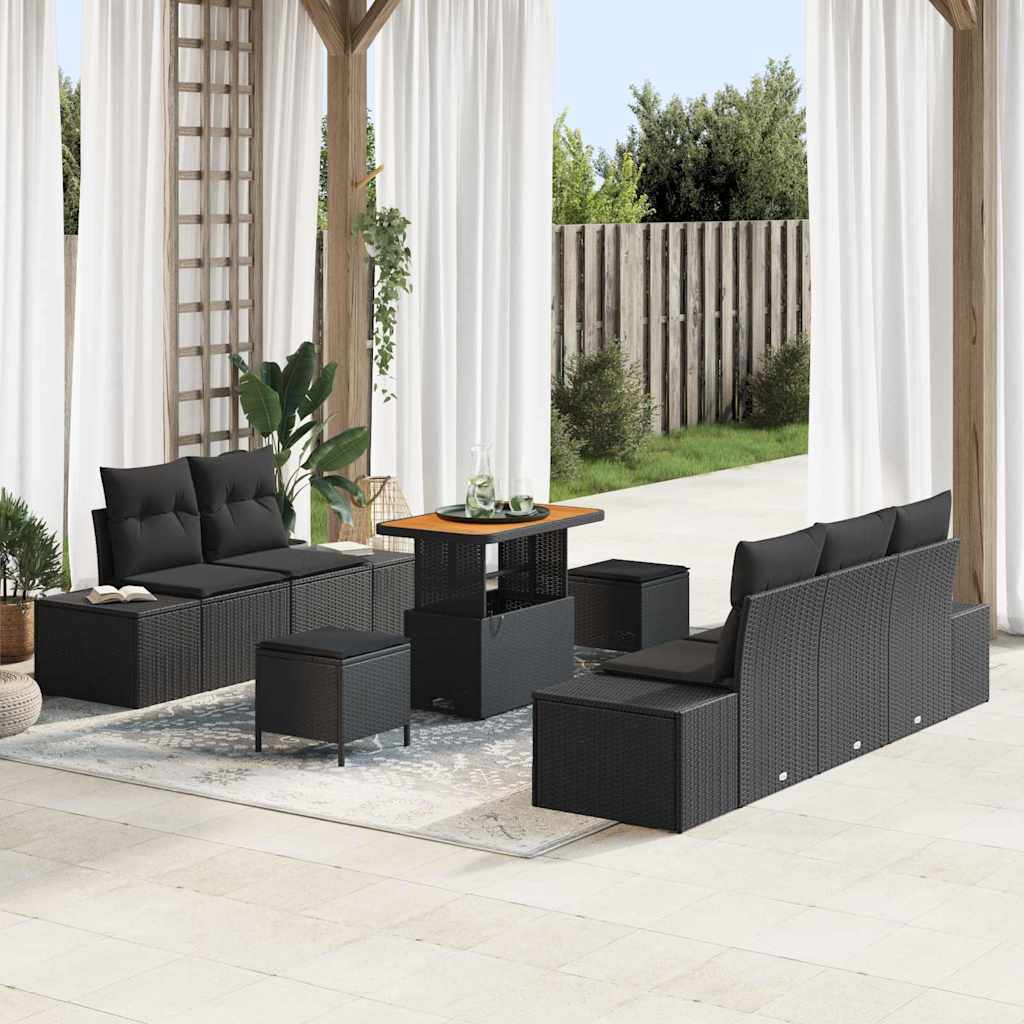 8 Piece Black Poly Rattan Garden Sofa Set with Cushions