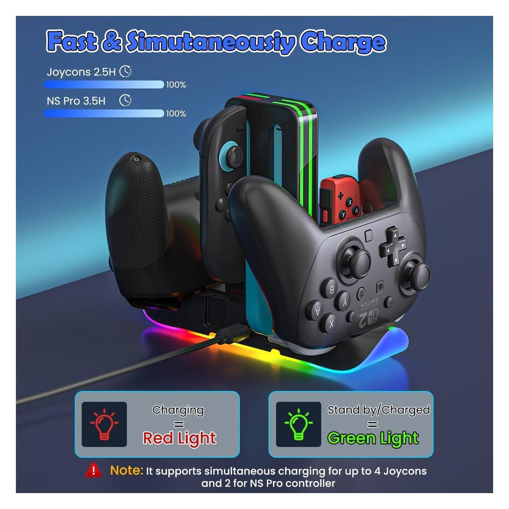 RGB Charging Dock for Switch 2 Controllers 6-in-1