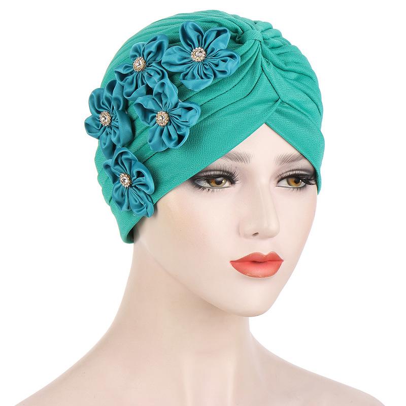 Women Flowers Ruffle Turban Caps Muslim Elastic Pearls Headscarf Bonnet Ladies Hair Accessories Indian Cap Turbante Mujer