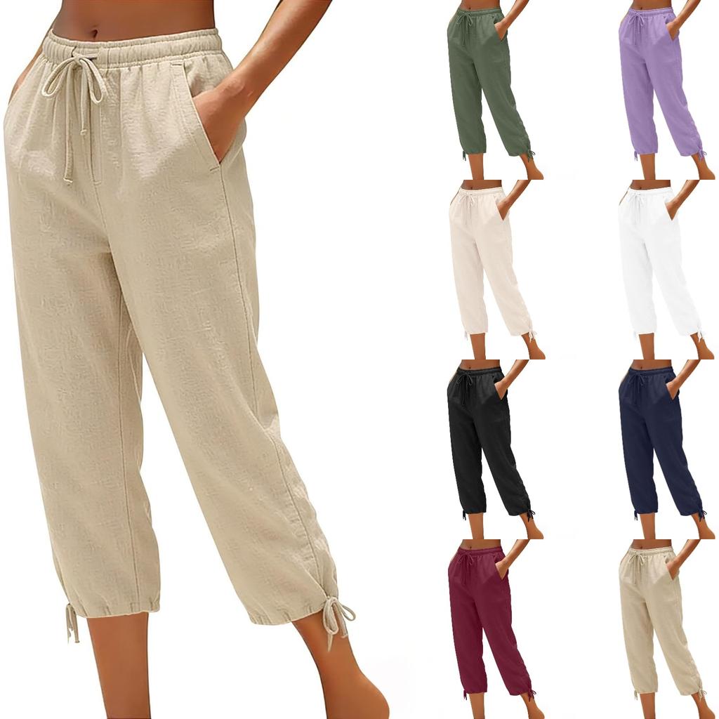 Women Drawstring Waist Cropped Pants with Adjustable Hem and Side Pockets Loose Fit Lightweight Casual Trousers