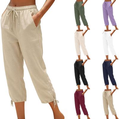 Women Drawstring Waist Cropped Pants with Adjustable Hem and Side Pockets Loose Fit Lightweight Casual Trousers