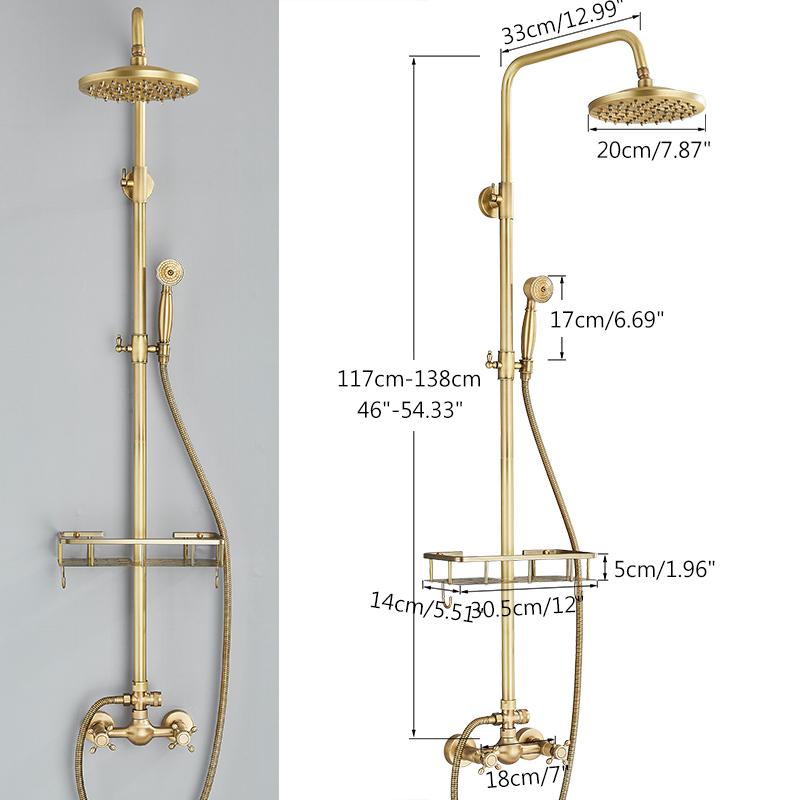 Antique Brass Shower Faucet Mixers Dual Handle Rainfall 8" Brass Shower Head with Bath Storage Shelf and Hooks Shower Water Tap