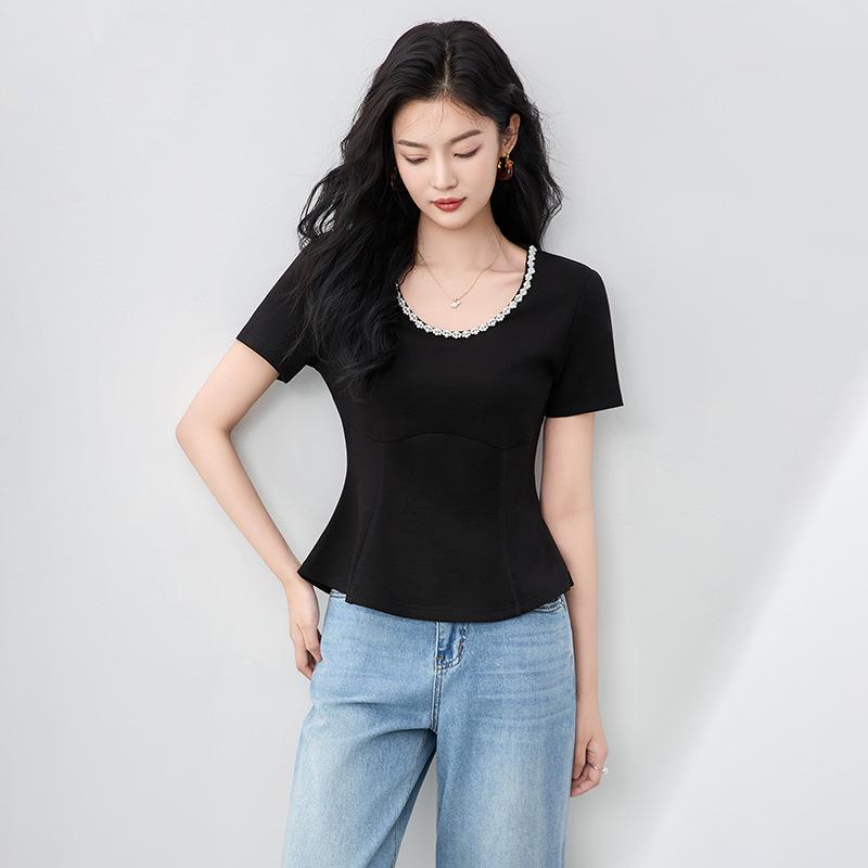 

Fashionable Heavy Beaded Waist-Tied Fishtail Tencel Short Sleeve Women s Summer Top L чёрный