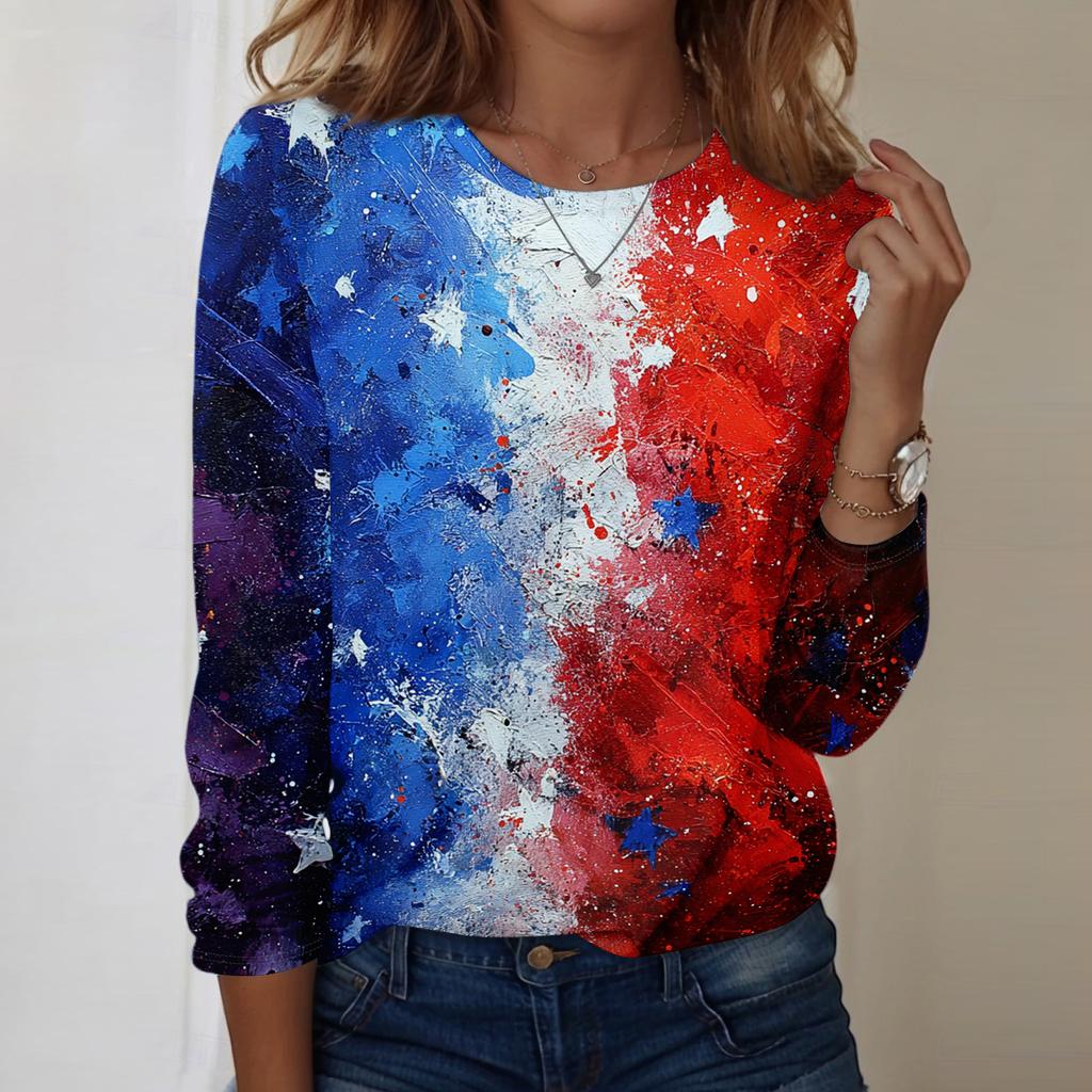 Women's Fashionable Casual Long-Sleeved Independence Day Print Neck Top