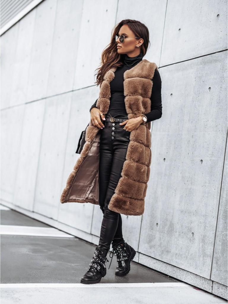 2023 Autumn/Winter Long Round Neck Fur Vest Coat