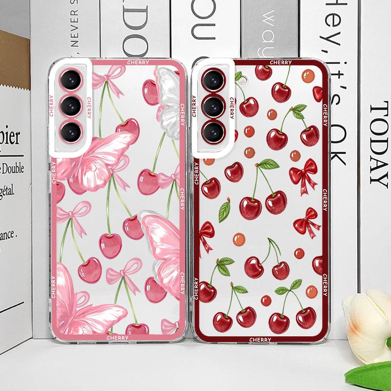 Stylish Butterfly Flower Red Cherry Phone Case for Samsung Galaxy S25 S25FE S24+ S23 Ultra S22 S21 S20 Plus S24 FE 5G Soft Cover