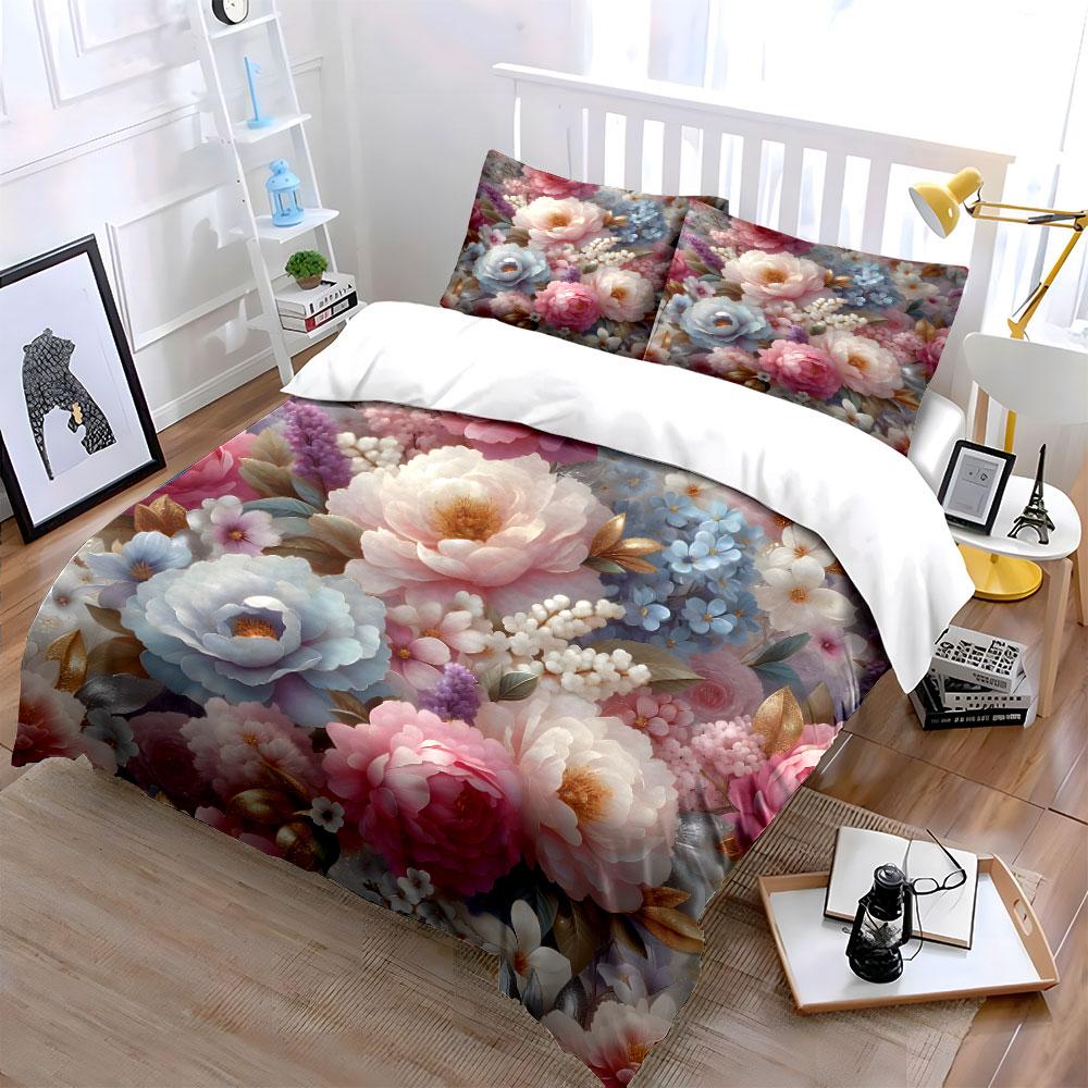 Blooming With Elegant Flowers Duvet Cover Set With 3D Printing Design Soft Polyester Bedding Set All-Season Comfort For Gifts