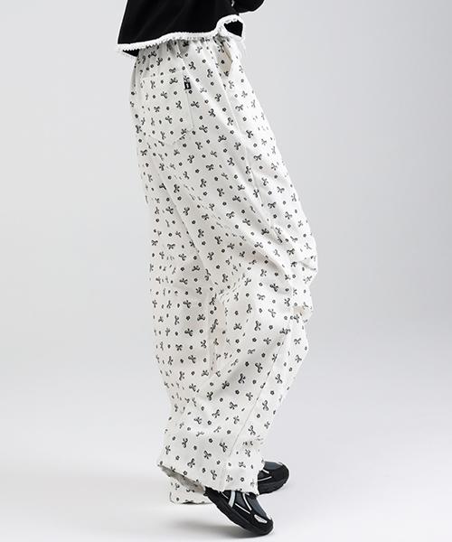 WHEN YOU MOVE Ribbon Pattern Cotton Wide Pants Ivory