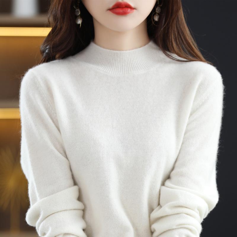 Women's 100% Wool Seamless Pullover Sweater: Autumn/Winter Half-High Neck Base Layer