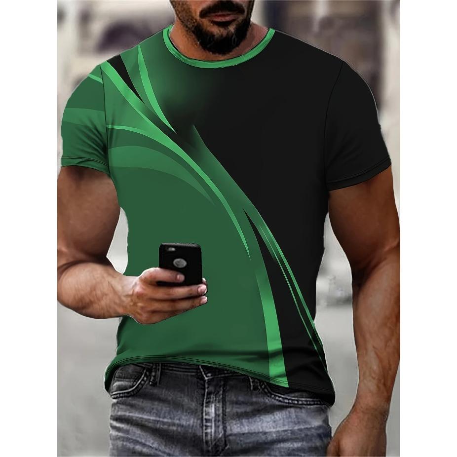 

Мужская летняя модная футболка с коротким рукавом и цветным блочным принтом, повседневная одежда для улицы, круглый вырез, спорт и фитнес 6XL зелёный