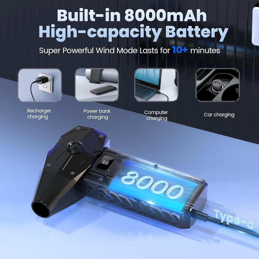 8000mAh Mini Turbo Jet Fan with LED Display 350000RPM Electric Air Duster Wind Speed 52m/s Dust Cleaner Gun Cleaning Blower Tool